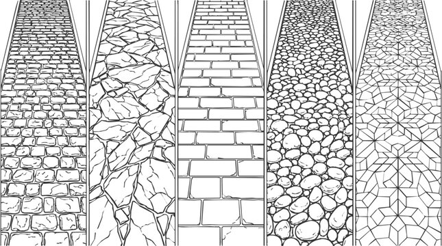 Stone texture pattern paving drawing set featuring various hand-drawn cobblestone, pebble, and geometric walkway designs for architectural rendering.