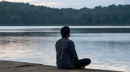 Fototapeta premium A person meditating by a serene lake reflects tranquility and natural beauty in the soft morning light