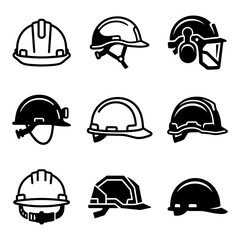 Fototapeta premium Industrial hard hat and safety helmet icon set for construction sites, featuring protective headgear silhouettes and symbols for work safety.