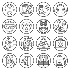 Fototapeta premium Professional safety industrial protection equipment PPE icons featuring work gear like hard hats, boots, masks, and signs for workplace health and