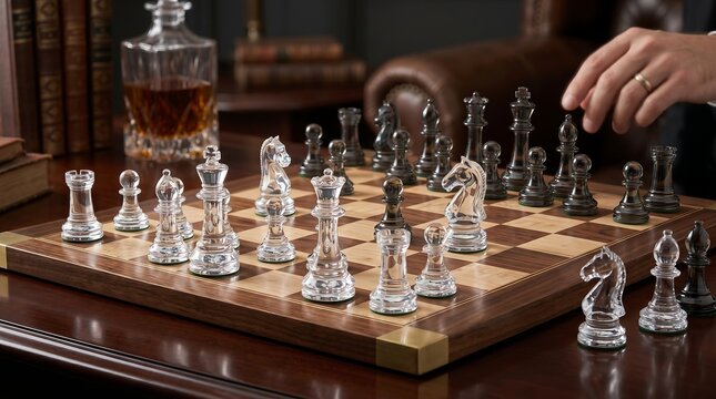 Glass chess pieces on a wooden board with a hand moving a piece