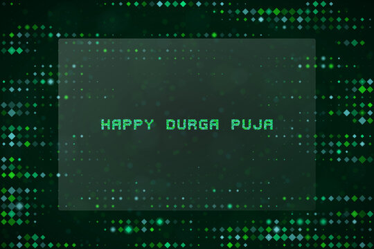 Digital Durga Puja Greeting Card with Green Matrix Pixel Background and Abstract Technology Celebration Concept