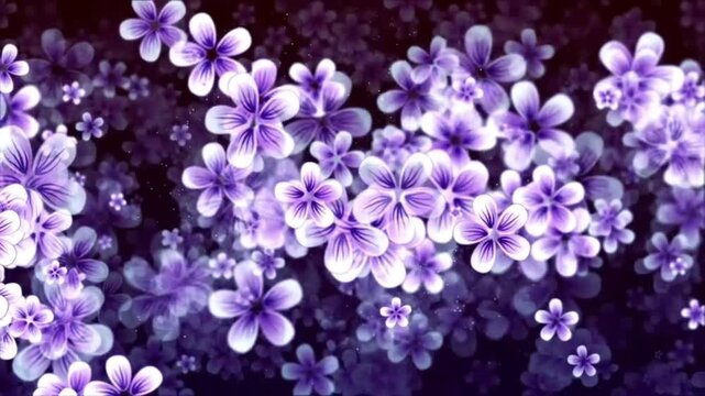A carpet of purple and white flowers moving elegantly and dynamically. The subtle scattering of tiny glitter particles creates a magical, romantic, and aesthetic feel.