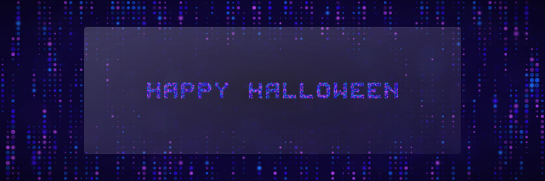 Digital Happy Halloween Greeting Card with Matrix Style Pixelated Text and Cyberpunk Data Rain Background