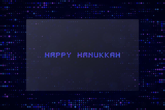 Digital Pixelated Holiday Greeting Card Design with Glowing Blue Text and Abstract Matrix Background Pattern