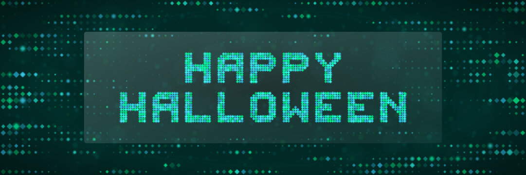 Digital Happy Halloween Greeting Card with Matrix Style Pixel Text and Cyberpunk Green Background Technology Concept