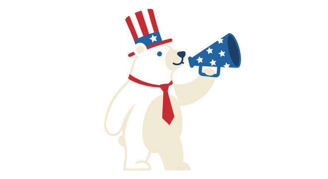 Polar bear in patriotic attire shouting through megaphone.