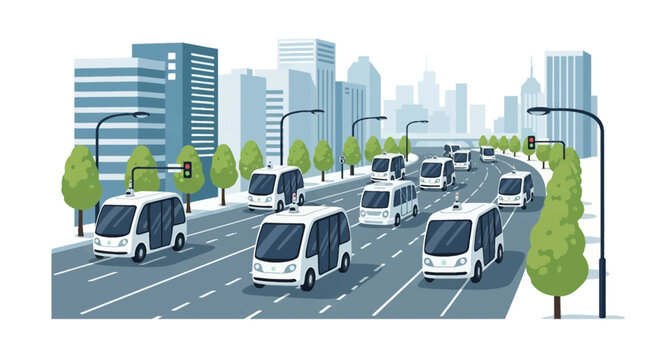 Vector illustration of a smart city street featuring autonomous white shuttle pods driving on a multi-lane road with skyscrapers, green trees, and traffic signals in the background.
