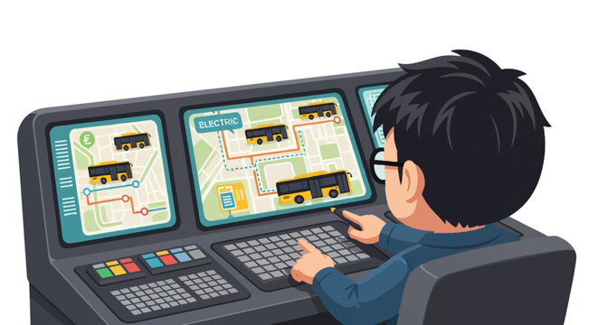 Vector illustration of a transport dispatcher monitoring a city electric bus network on multiple digital screens with GPS maps, tracking real-time routes and fleet status from a desk.