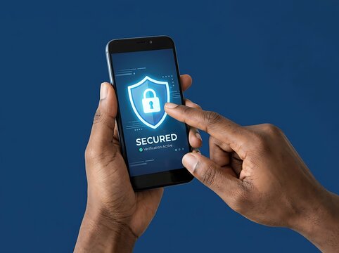 Hands holding smartphone with secured lock screen display.
