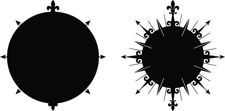 Vintage nautical compass rose silhouettes, set of 2 black vector wind rose icons, antique fleur-de-lis map navigation symbols for maritime design