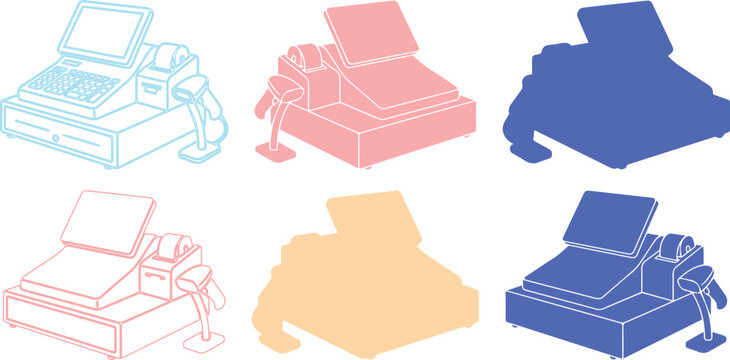 Cash register vector icons set, retail point of sale terminal illustrations, electronic checkout machine with barcode scanner and receipt printer