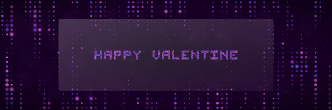 Digital Happy Valentine Greeting Card with Pixelated Purple Dot Matrix Background for Tech Themed Romantic Messages