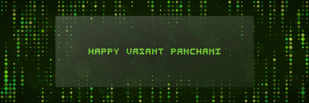 Digital Matrix Style Vasant Panchami Greeting Card Background with Green Glowing Particles and Abstract Data Code
