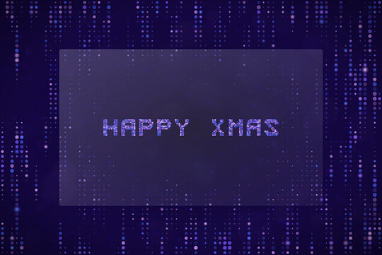 Digital Happy Xmas Greeting Card with Cyberpunk Pixel Text and Matrix Style Data Stream Background for Tech Holiday Design
