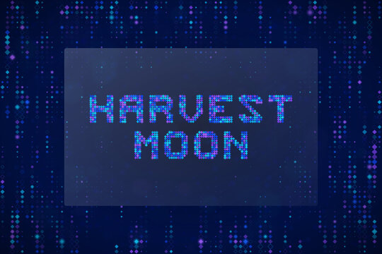 Digital Harvest Moon Text Design with Pixelated Particle Background for Futuristic Technology Concepts and Gaming