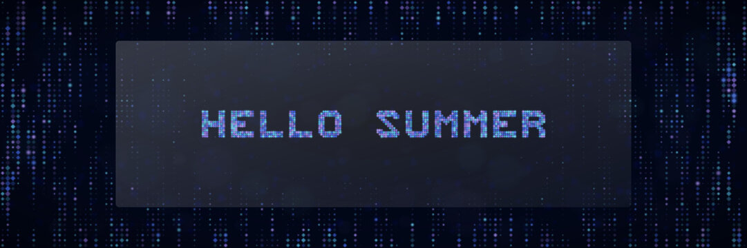 Hello Summer Digital Text Design with Futuristic Pixelated Matrix Style Background for Tech and Cyber Summer Concepts