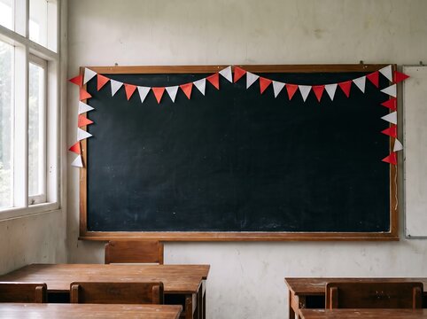 Classroom Decorated with Red and White Banners Festive and Bright