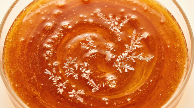 Caramel sugar crystallization process macro with intricate patterns and textures