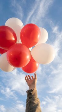 Hand Releasing Red White Balloons Against Cloudy Sky