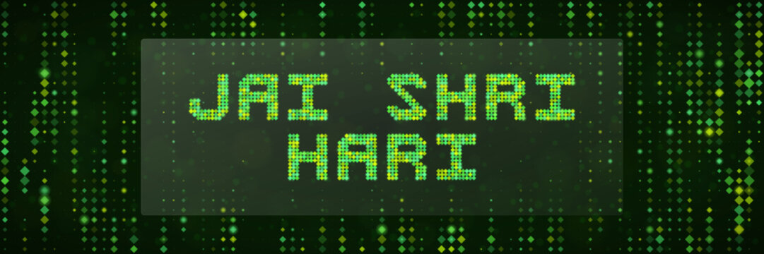 Jai Shri Hari Digital Text Design with Green Matrix Code Background for Spiritual Technology and Cyber Hindu Art