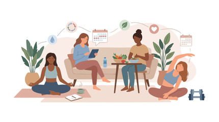 Obraz premium Group of diverse women practicing healthy lifestyle habits together at home.