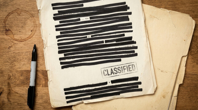 Classified document with redacted text on wooden table