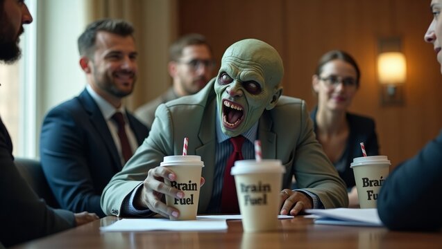 Business meeting with a zombie character in a suit holding a coffee cup, surrounded by professionals in formal attire, modern office setting with wooden walls