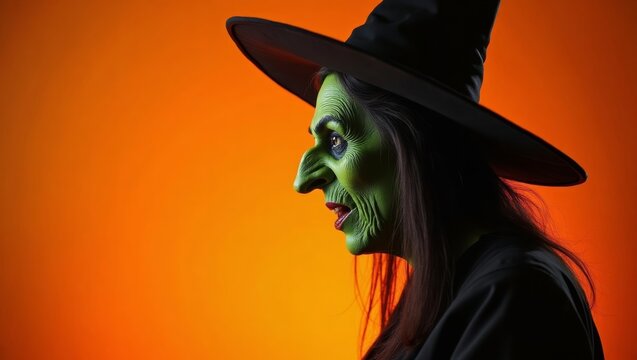 Female witch with green face paint and long black hair wearing a black hat, posed against a vibrant orange background, showcasing Halloween-themed character design