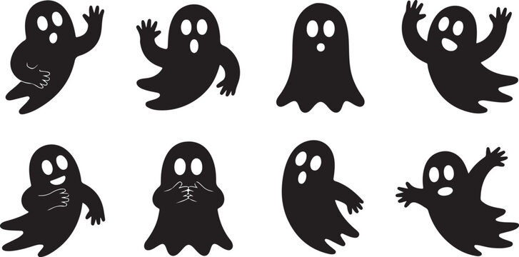 Set of cute ghosts, halloween vector icons, spooky characters for party decoration, funny spirits silhouettes, collection of cartoon ghosts
