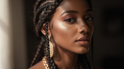 A close-up portrait of a woman with braided hair, radiant skin, and gold accessories, looking thoughtfully to the side in soft, natural lighting. © AGI Studio