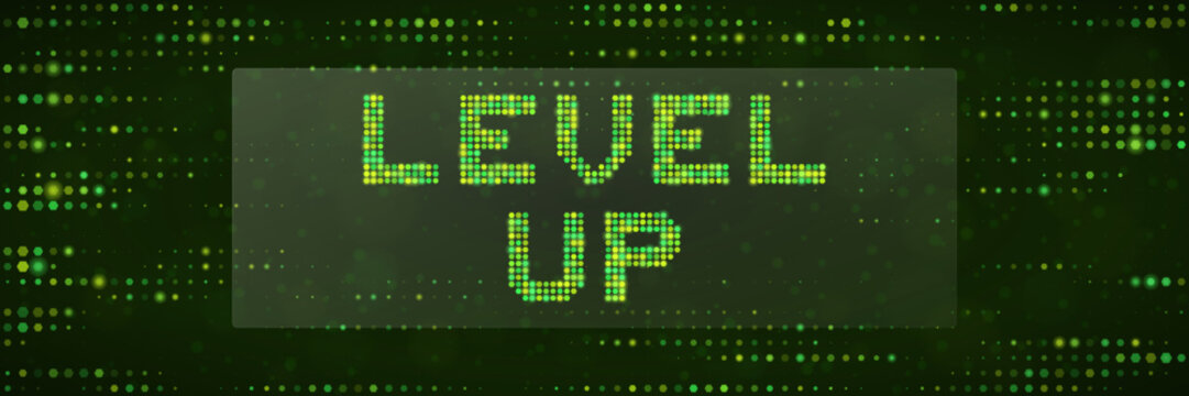Level Up Digital Pixel Text Sign for Gaming Achievement and Success Concept Background