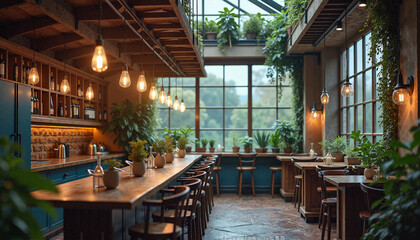 Fototapeta premium Modern industrial café interior with lush indoor plants, warm pendant lighting, and large windows