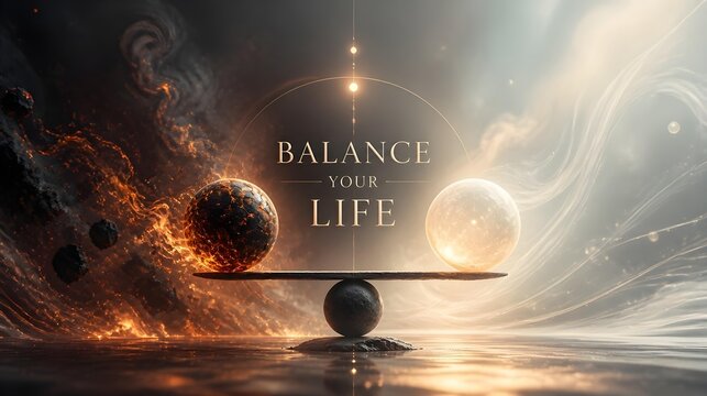 Abstract cinematic scene where chaotic energy meets calm glowing light spheres, forming perfect balance at the center. Soothing atmosphere with centered typography &ldquo;BALANCE YOUR LIFE&rdquo; 