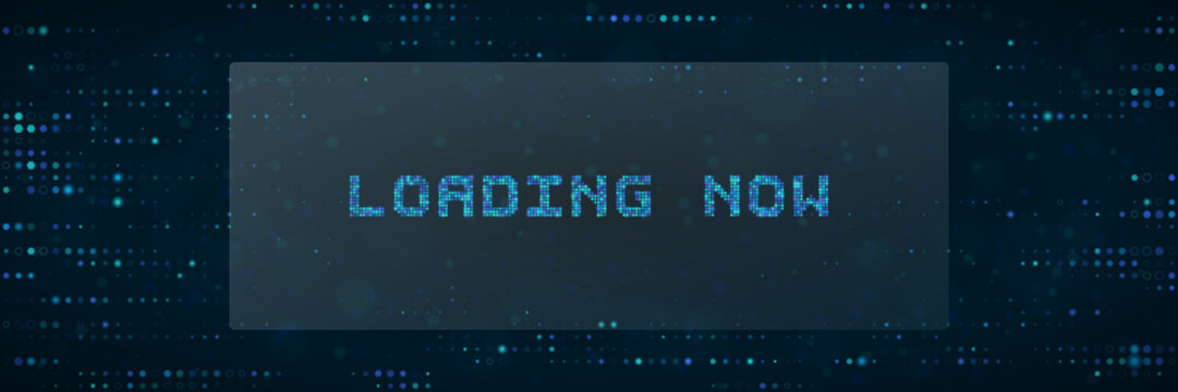 Digital Loading Now Text Overlay on Abstract Pixelated Background for Technology Interface and Software Progress