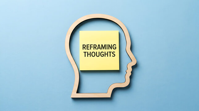 Wooden human head profile outline with a yellow sticky note inside representing the concept of reframing thoughts