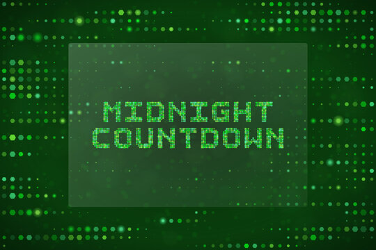 Midnight Countdown Digital Text Graphic with Green Matrix Pixel Style Background for New Year Eve Celebration Concepts