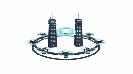 A futuristic city concept featuring tall towers and flying drones in a circle © Ngoto