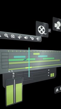 Video editing timeline with colorful clip tracks, toolbar and playhead on a dark workspace, focused creative mood, ideal for post-production and media promos.