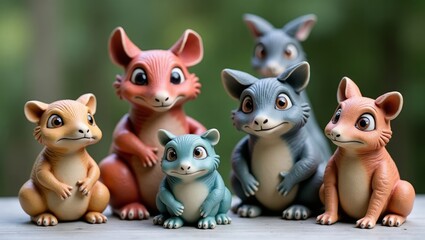 Naklejka premium Colorful cartoon animal figurines featuring six playful characters including squirrels and a rabbit, arranged on a wooden surface with a blurred green background