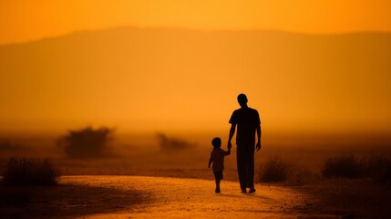 Fototapeta premium Cinematic wide shot, back view of a father and his young son walking hand in hand on a path during golden hour sunset, tall and short silhouettes, warm orange and amber tones