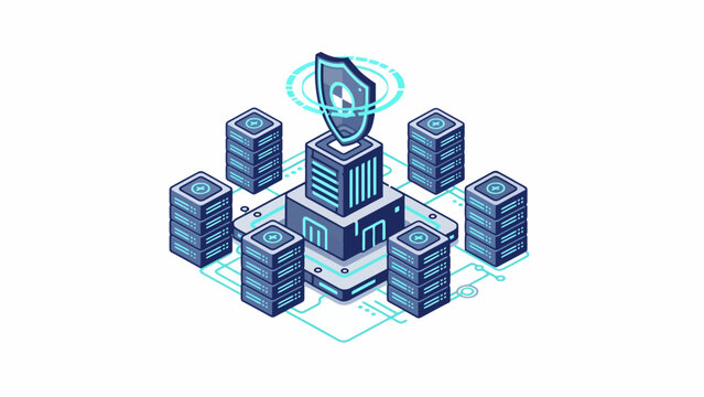 A digital illustration of a secure server cluster with a glowing shield icon