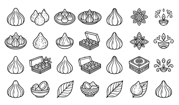 Traditional Asian Dumpling and Dessert Collection with Decorative Food Icon Illustrations