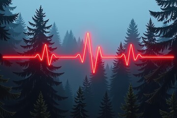 Fototapeta premium Red pulse line glows across dark forest