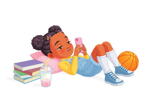 Bored African American elementary school girl student scrolling smartphone, ignoring books and sport. Vector illustration.