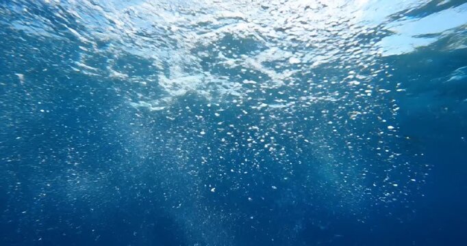 Underwater Ocean Bubbles Rising Surface.