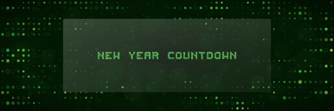 Digital New Year Countdown Text Overlay with Matrix Style Green Binary Code Background for Tech Celebration Graphics