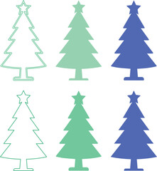 Obraz premium Minimalist Christmas tree vector icons, flat evergreen pine tree silhouettes in green and blue, 6 festive winter holiday symbols