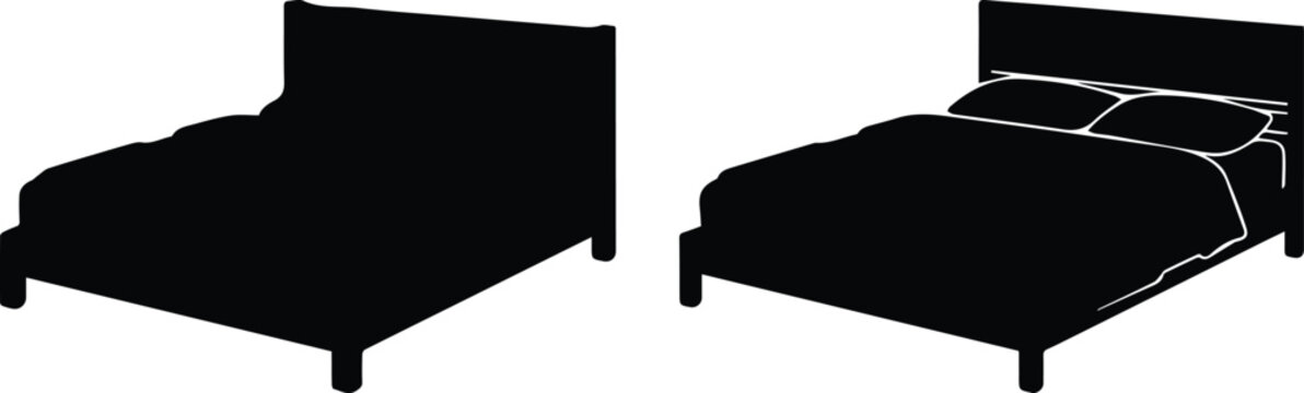 Minimalist double bed silhouette vector set, modern bedroom furniture icons, black bed frame with pillows and duvet for interior design