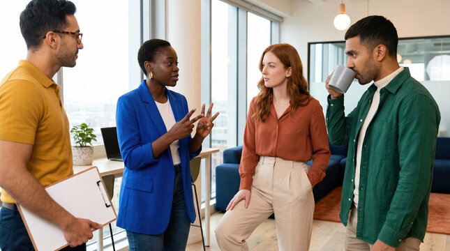 Diverse team meeting to discuss project in modern office